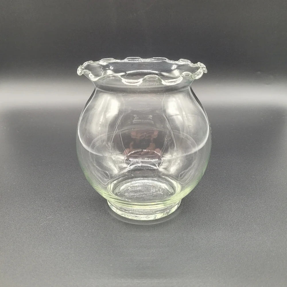 Vintage Indiana Clear Glass Ruffle Top & Ribbed Swirl Clear Glass Rose Bowl Vase